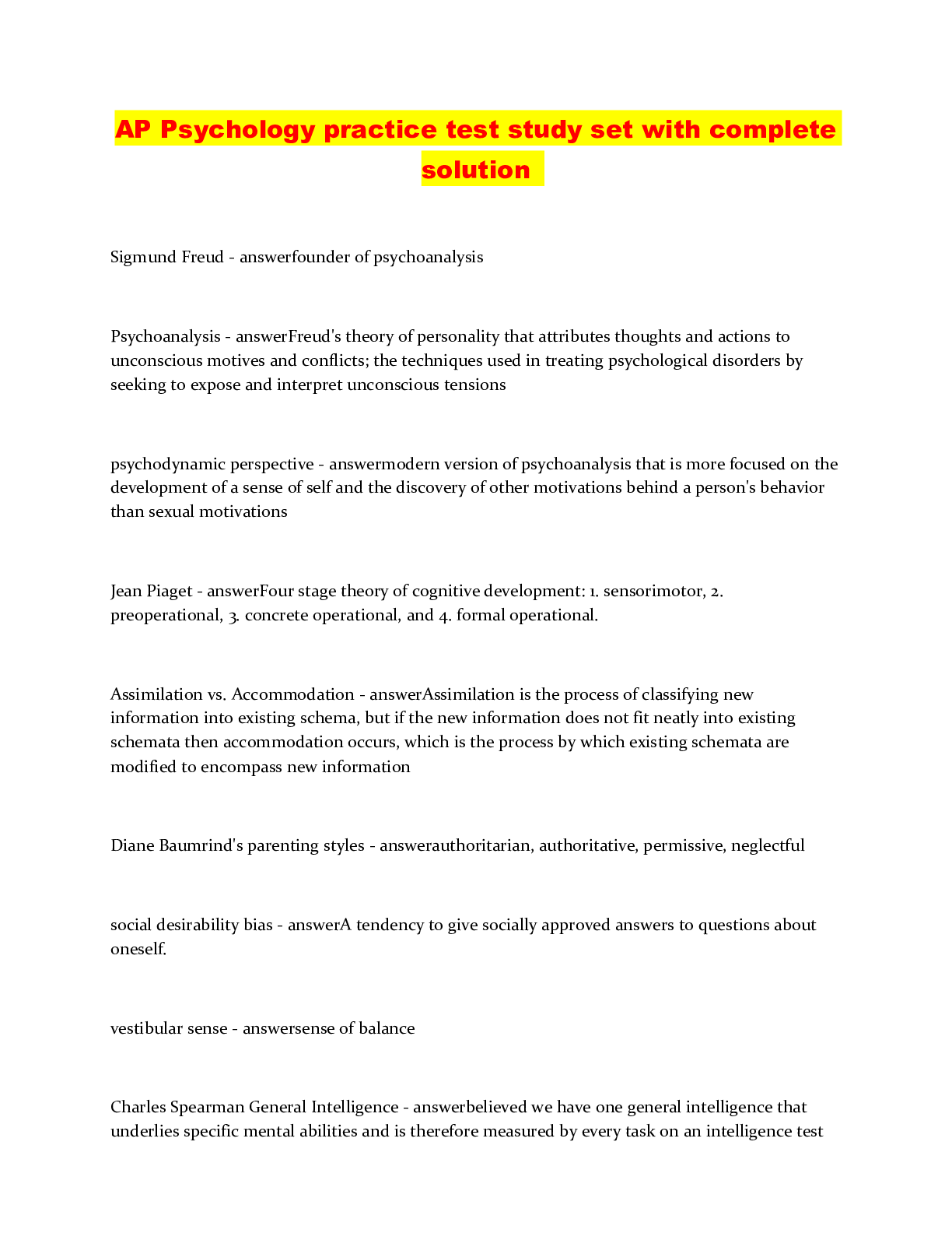 AP Psychology practice test study set with complete solution Browsegrades